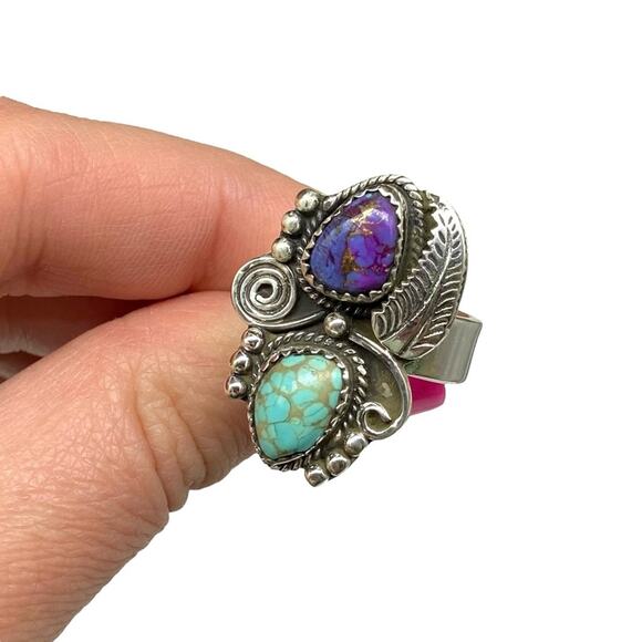 Purple Copper Turquoise Ring Solid 925 Sterling Silver Adjustable 6.5 7 7.5 8 - Picture 6 of 11